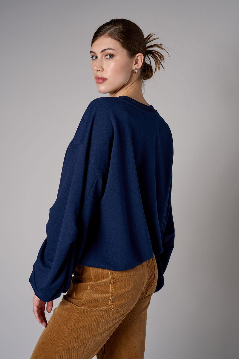 Navy shirred hem long sleeve sweatshirt