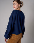 Navy shirred hem long sleeve sweatshirt
