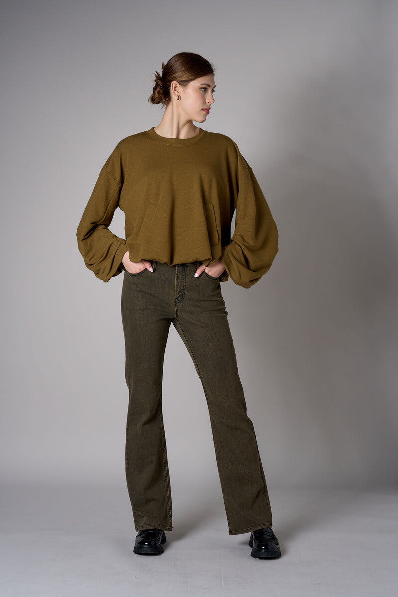 Olive shirred hem long sleeve sweatshirt