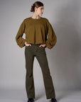 Olive shirred hem long sleeve sweatshirt