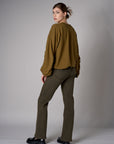 Olive shirred hem long sleeve sweatshirt