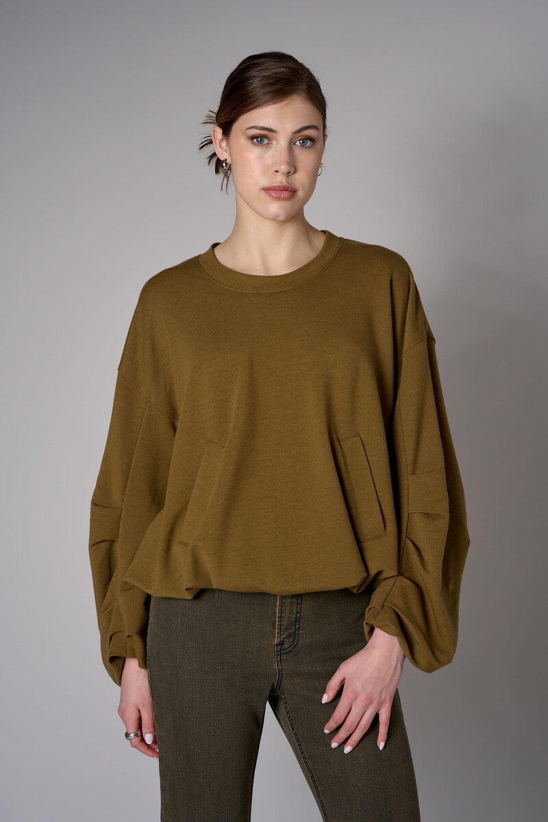 Olive shirred hem long sleeve sweatshirt