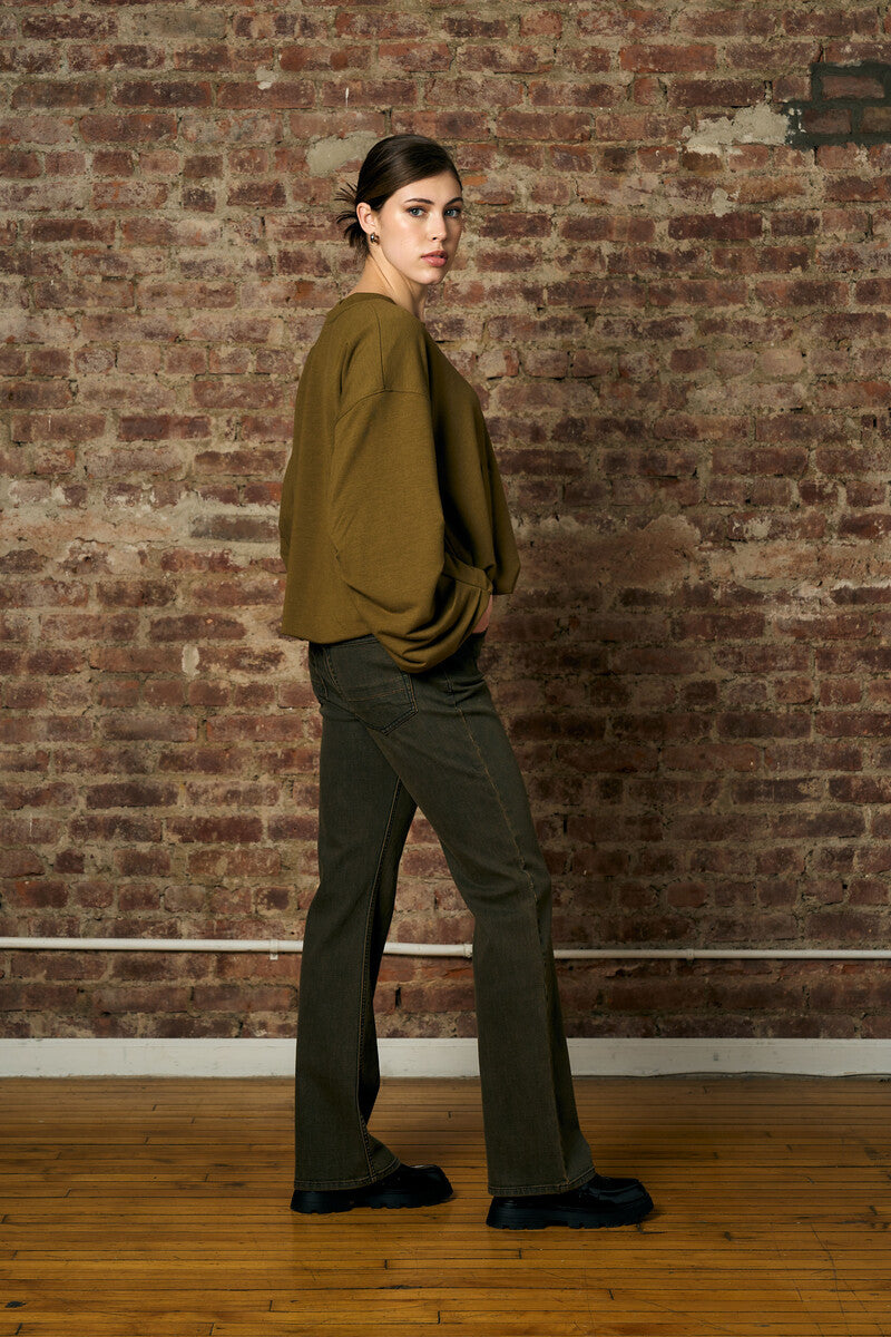 Olive shirred hem long sleeve sweatshirt