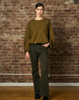 Olive shirred hem long sleeve sweatshirt