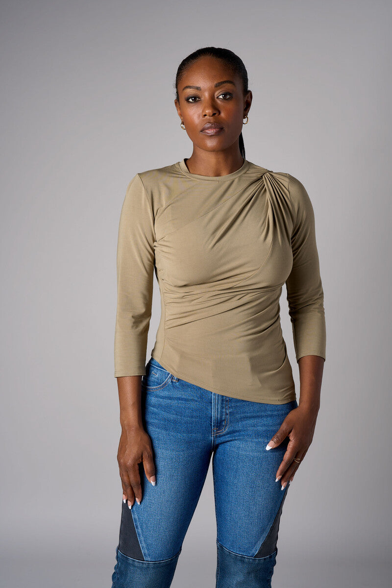 Light Olive shoulder twist three quarter sleeve top