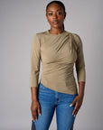 Light Olive shoulder twist three quarter sleeve top