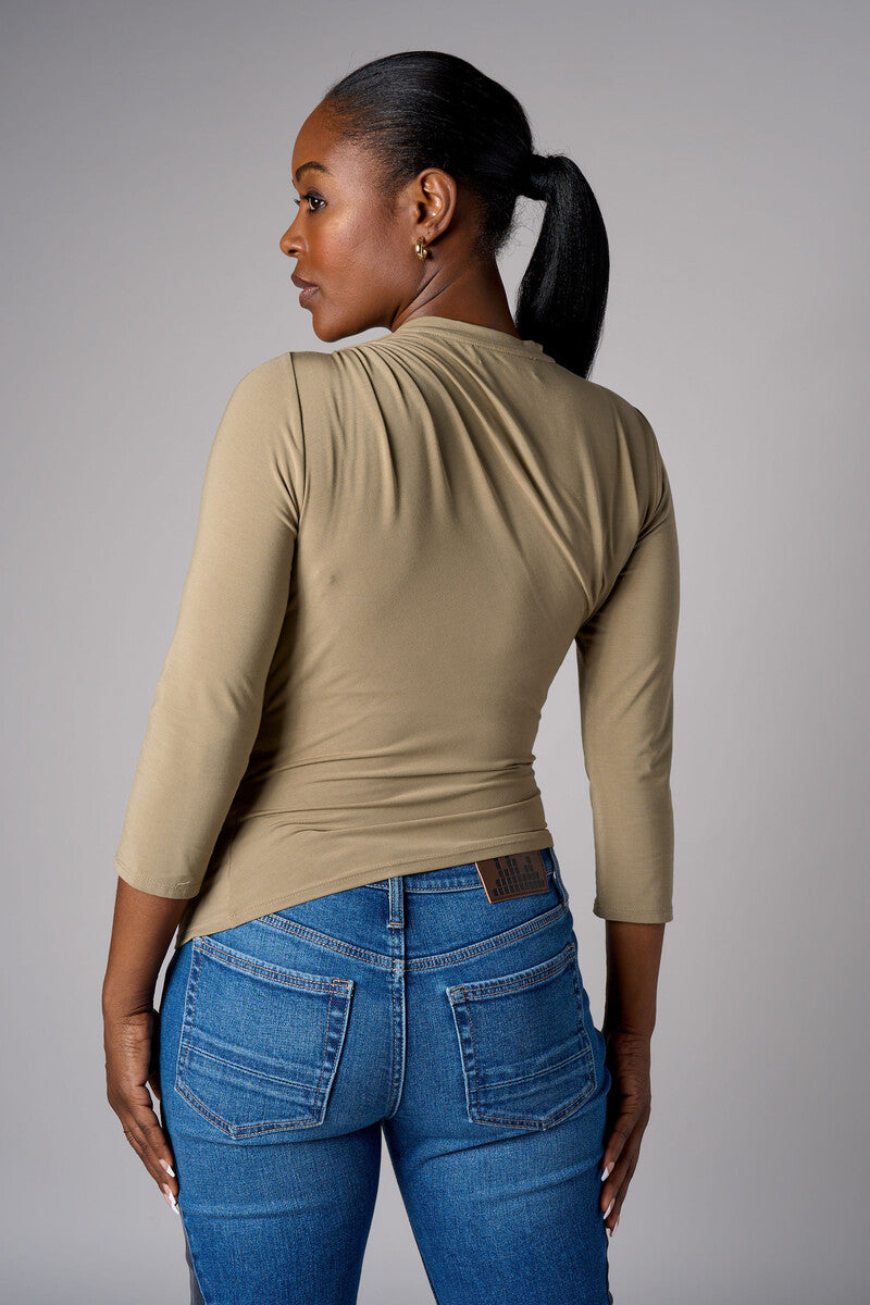 Light Olive shoulder twist three quarter sleeve top