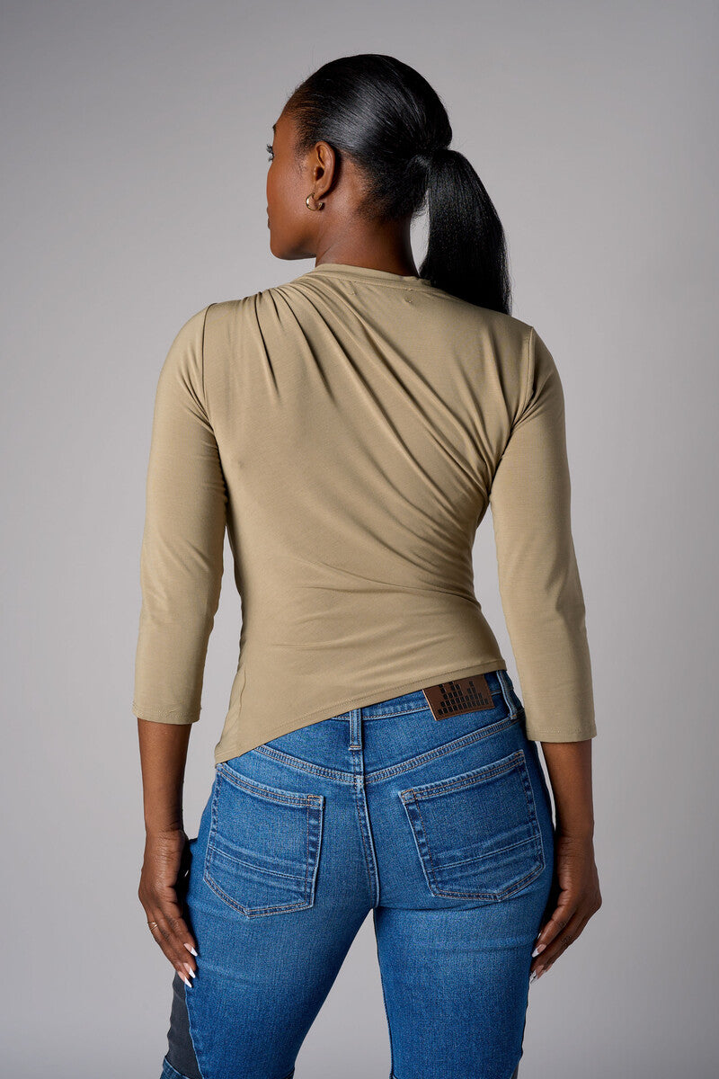 Light Olive shoulder twist three quarter sleeve top