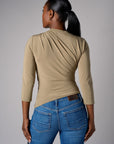 Light Olive shoulder twist three quarter sleeve top