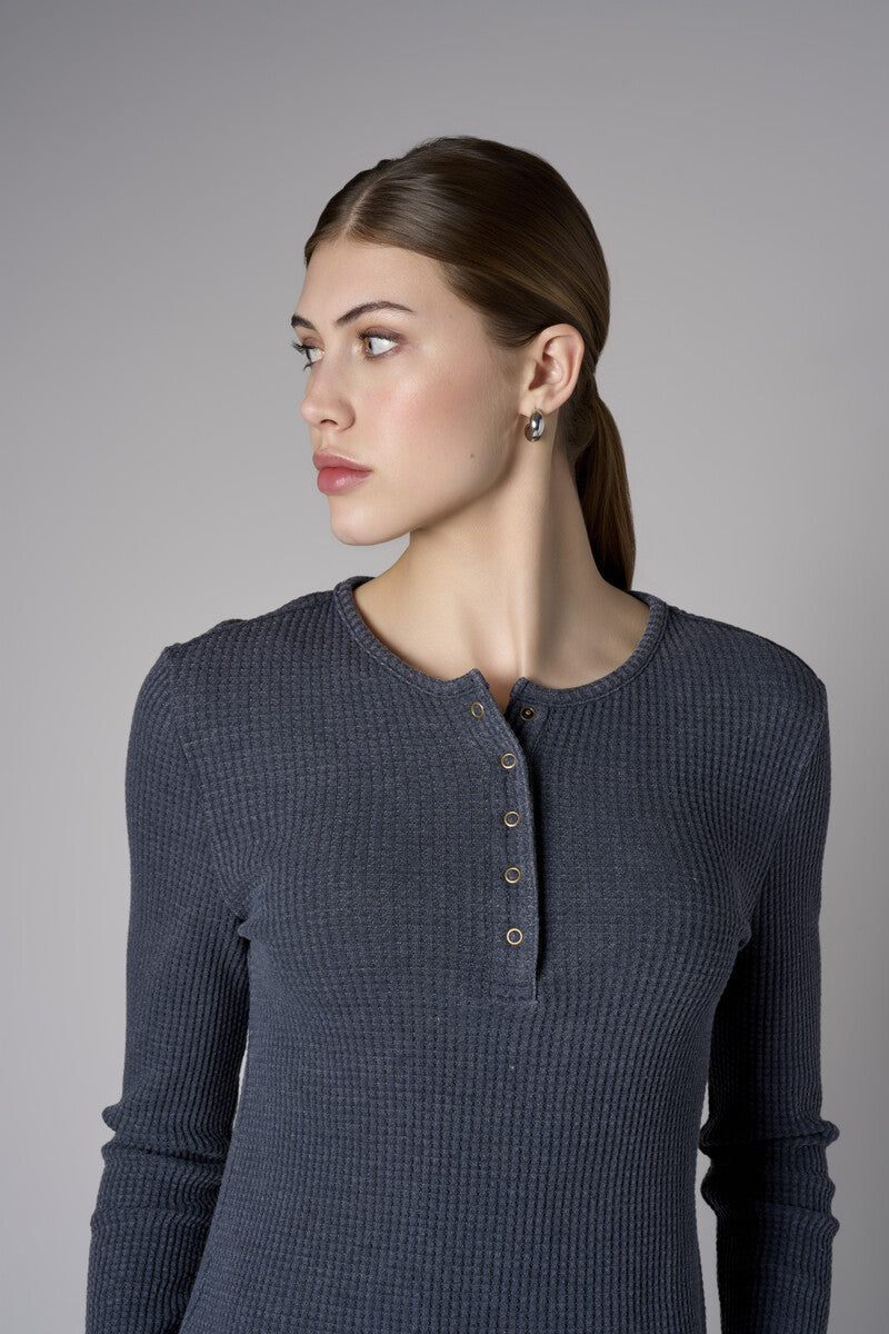 Stand out in our chic Henley Top in beautiful 'Charcoal'.