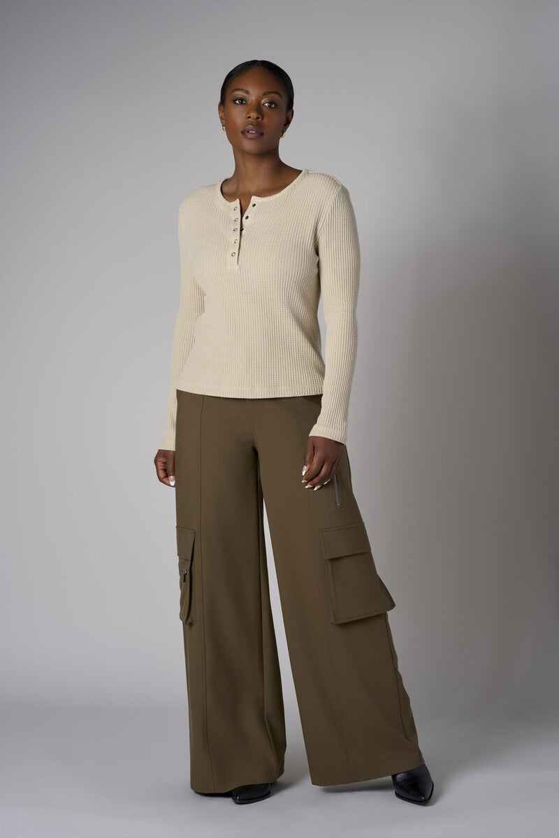 Upgrade your collection with the fashion-forward 'Khaki' Henley Top.