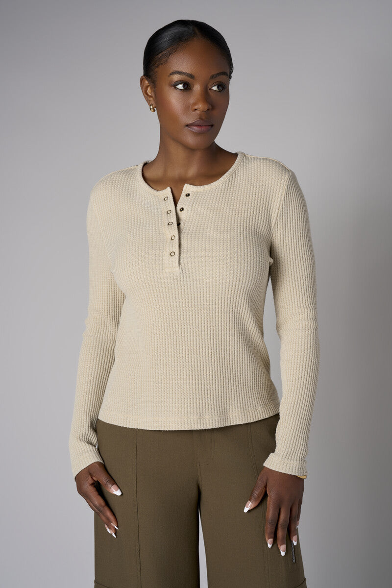 Upgrade your collection with the fashion-forward 'Khaki' Henley Top.
