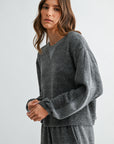 Charcoal Long Blouson Sleeve Crew Neck Top