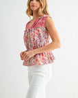 Extend Cap Sleeve Peplum Shirt Cadet Red Print