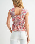 Extend Cap Sleeve Peplum Shirt Cadet Red Print