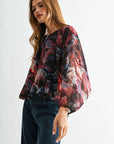 Aubergine Multi Long Sleeve Bubble Hem Top
