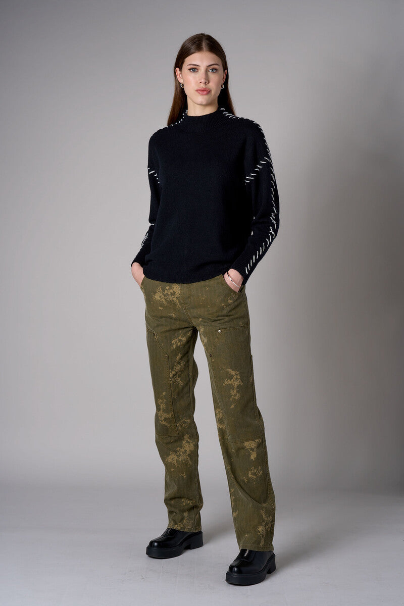 Black Lutetia long sleeve whipstitch sweater with mock turtleneck