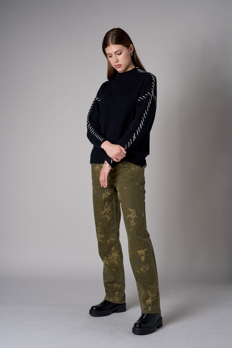Black Lutetia long sleeve whipstitch sweater with mock turtleneck