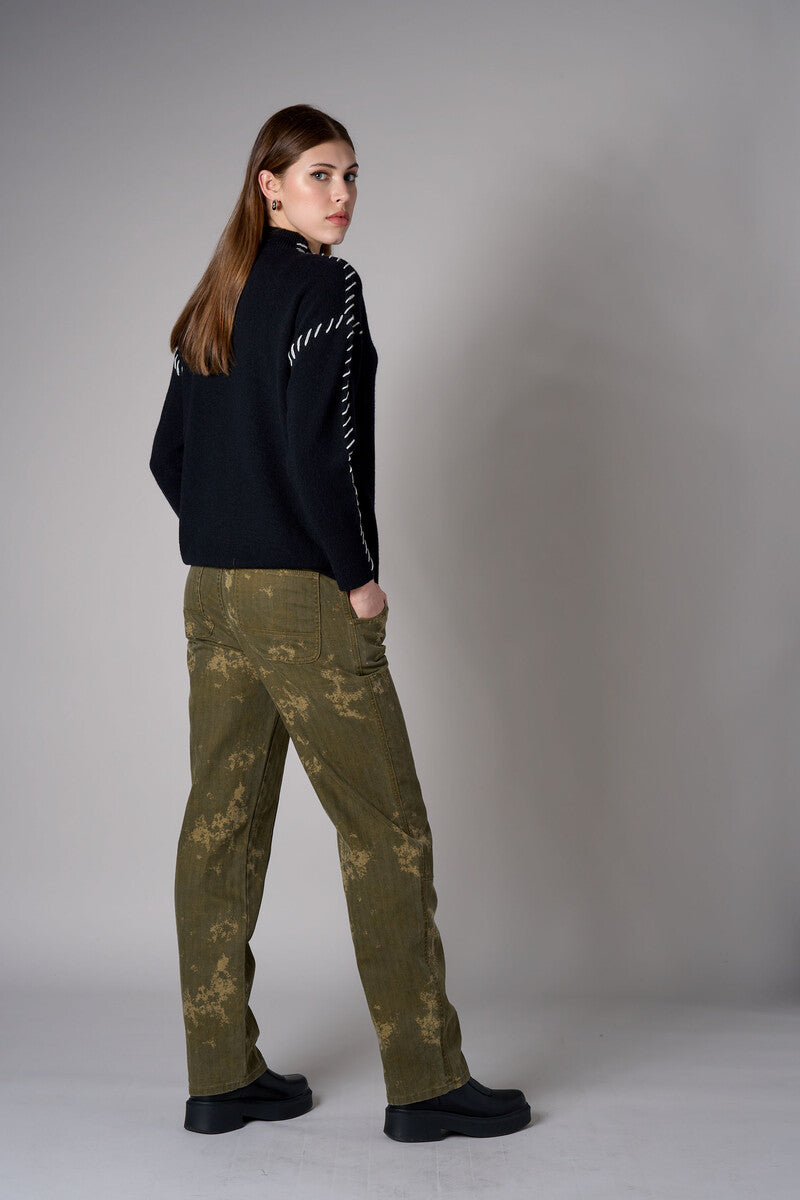 Black Lutetia long sleeve whipstitch sweater with mock turtleneck
