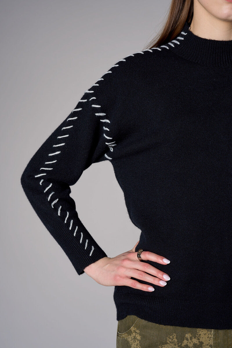 Black Lutetia long sleeve whipstitch sweater with mock turtleneck