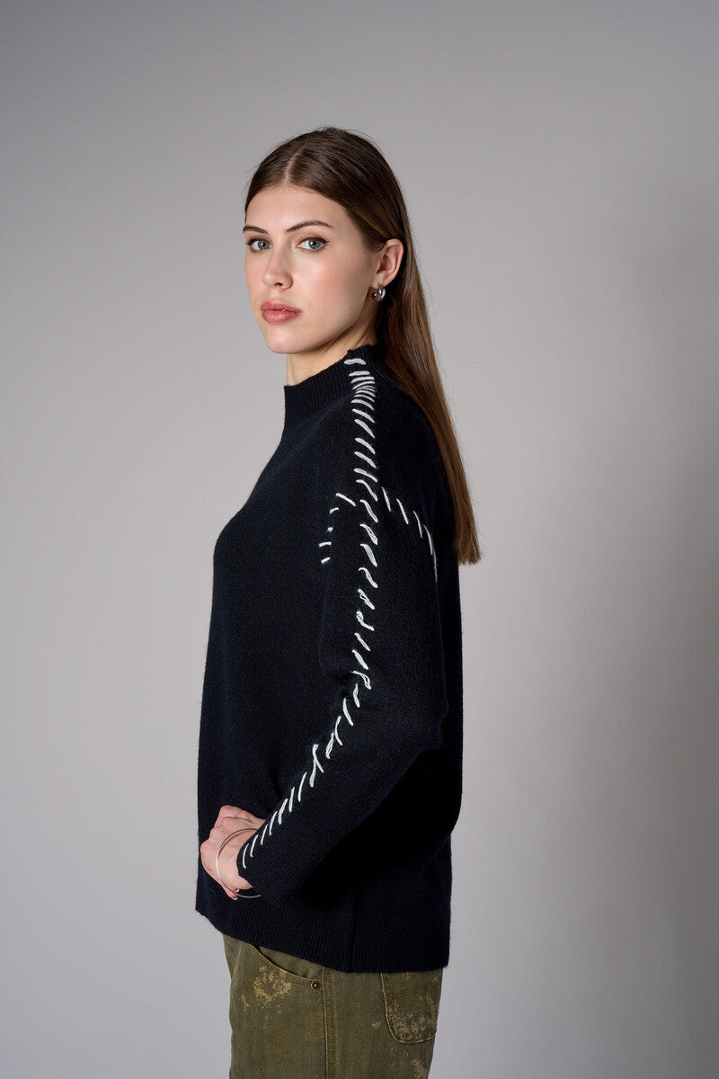 Black Lutetia long sleeve whipstitch sweater with mock turtleneck