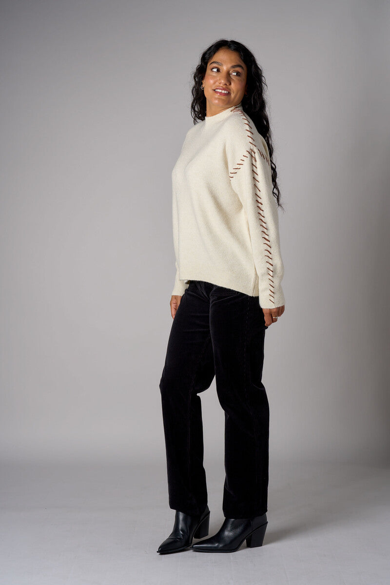 Bone White Lutetia long sleeve whipstitch sweater with mock turtleneck