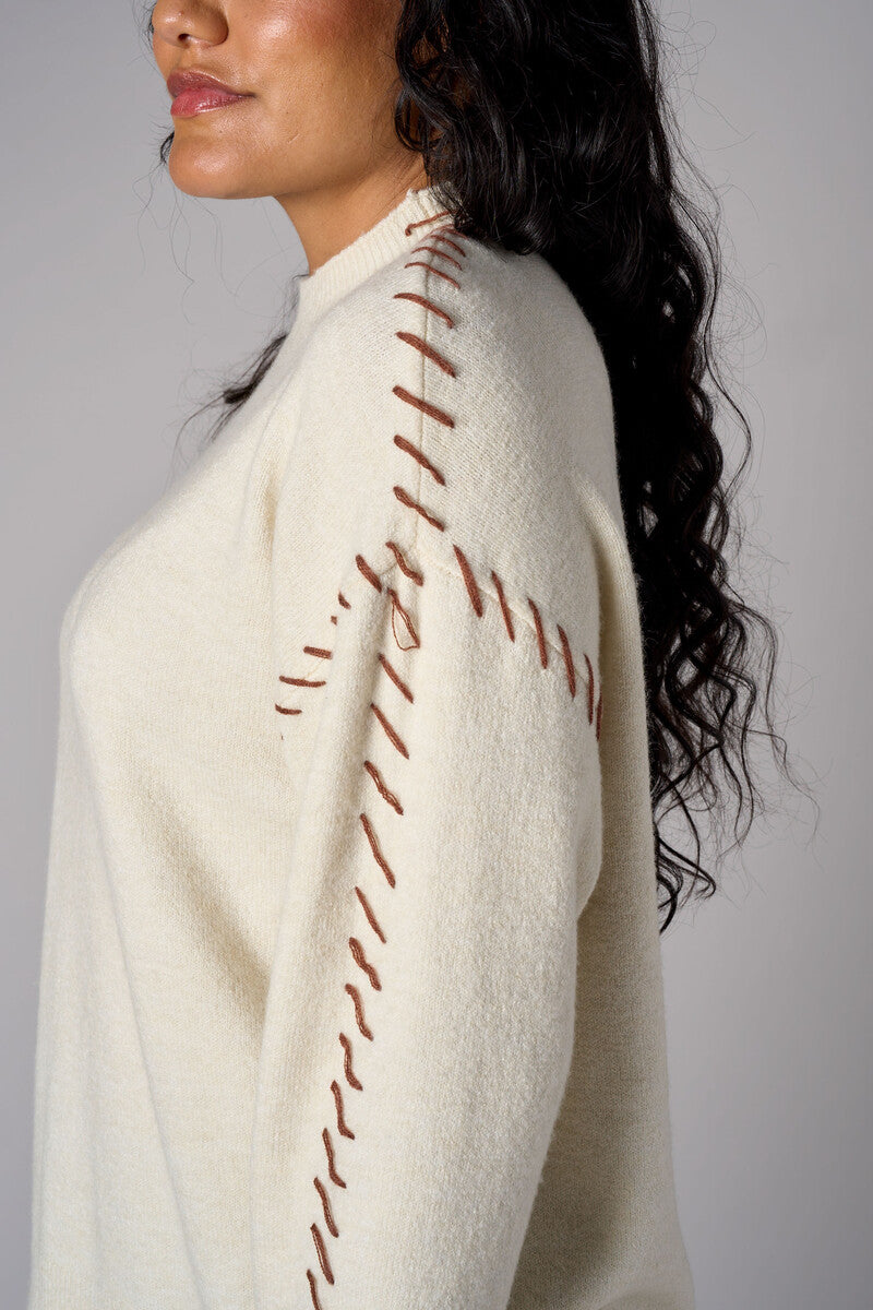 Bone White Lutetia long sleeve whipstitch sweater with mock turtleneck