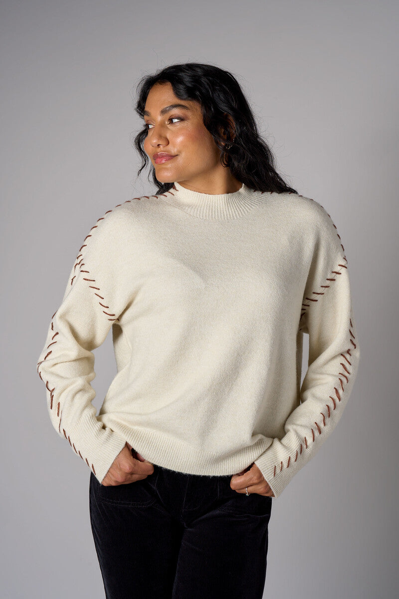 Bone White Lutetia long sleeve whipstitch sweater with mock turtleneck