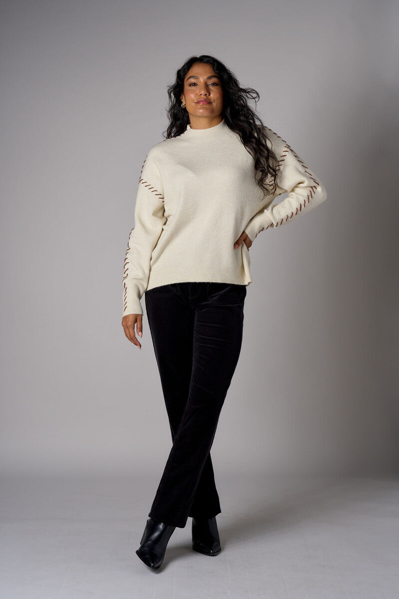 Bone White Lutetia long sleeve whipstitch sweater with mock turtleneck