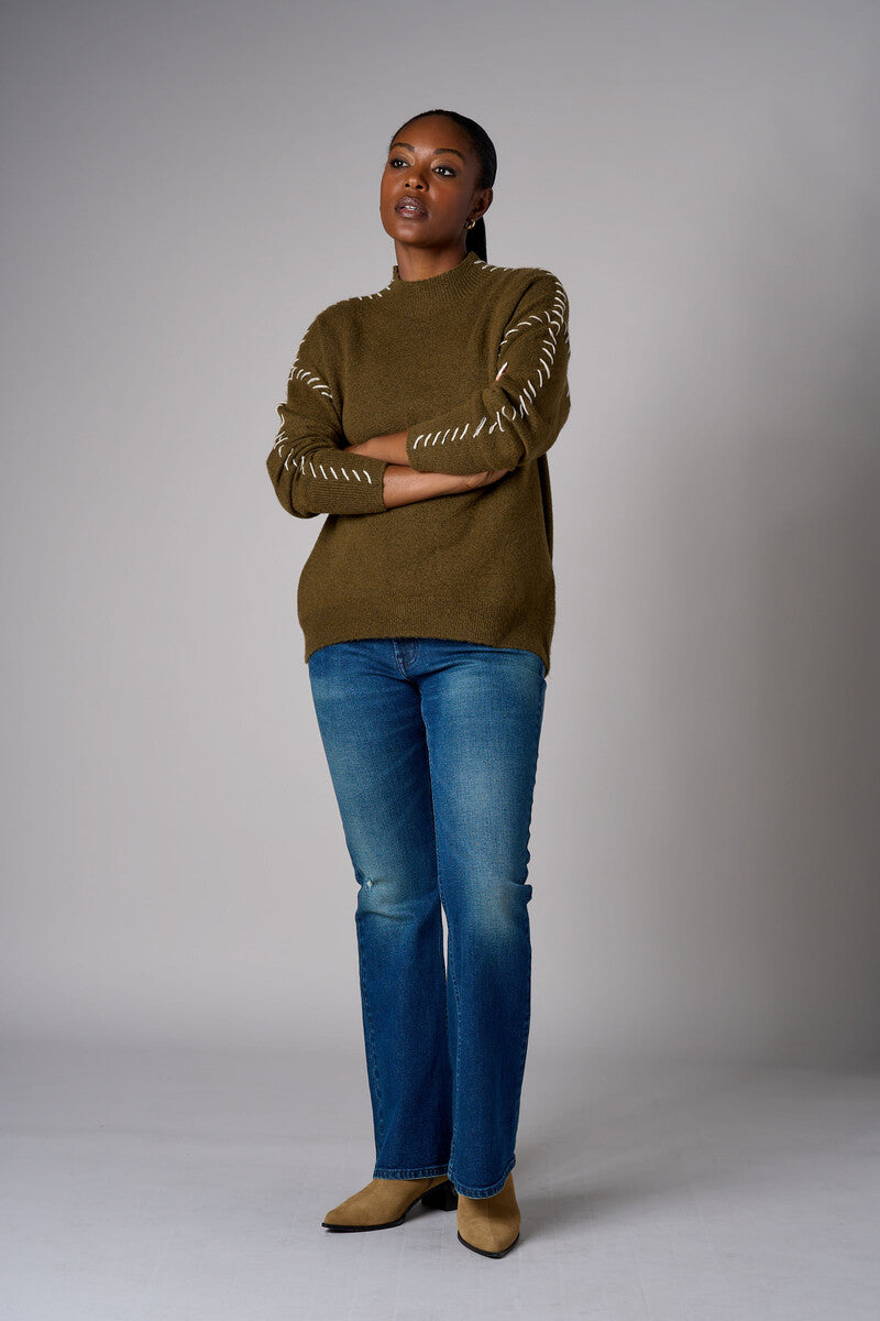 Olive Lutetia long sleeve whipstitch sweater with mock turtleneck