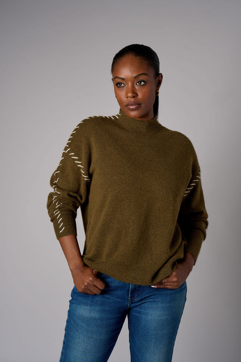 Olive Lutetia long sleeve whipstitch sweater with mock turtleneck