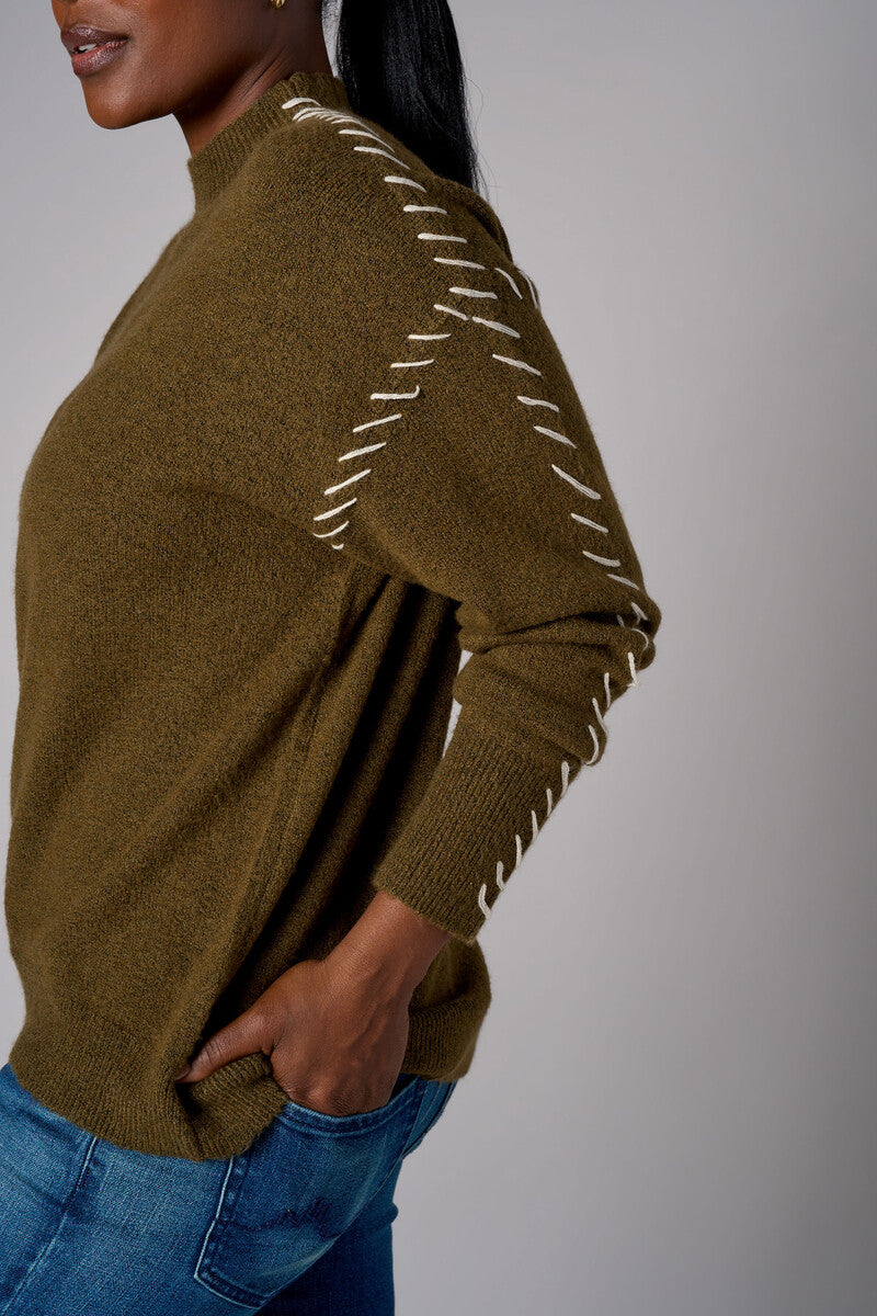 Olive Lutetia long sleeve whipstitch sweater with mock turtleneck