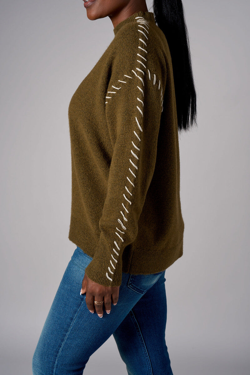 Olive Lutetia long sleeve whipstitch sweater with mock turtleneck