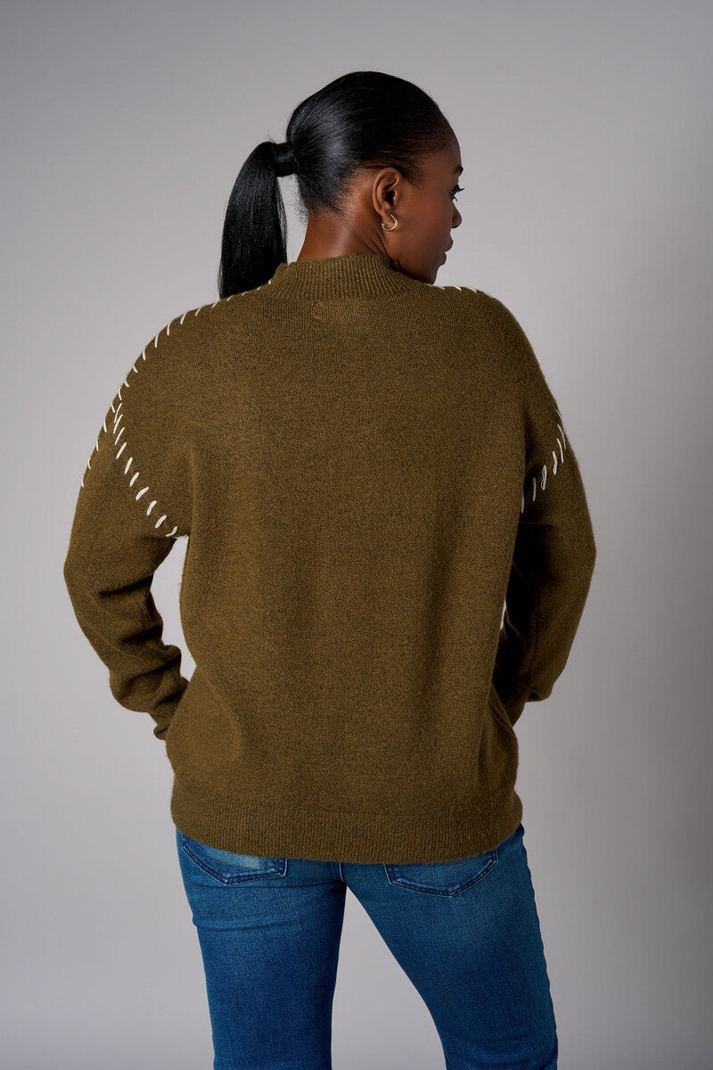 Olive Lutetia long sleeve whipstitch sweater with mock turtleneck