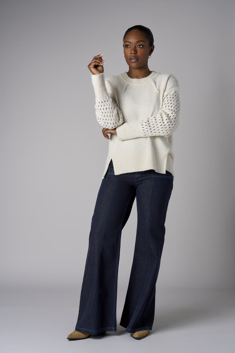 Bone White Long Sleeve Open-Work Sweater