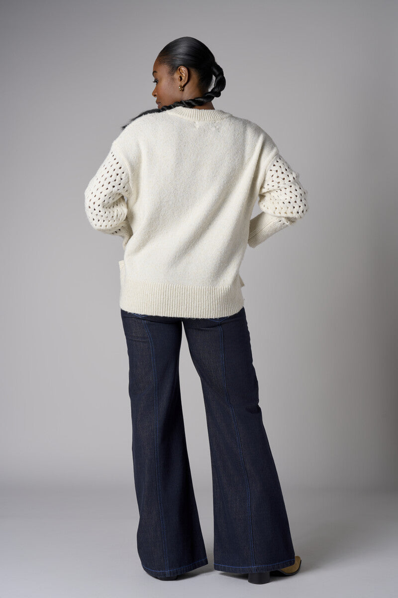 Bone White Long Sleeve Open-Work Sweater