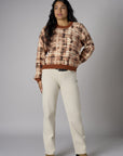 Brown Long Sleeve Abstract Plaid Printed Sweater