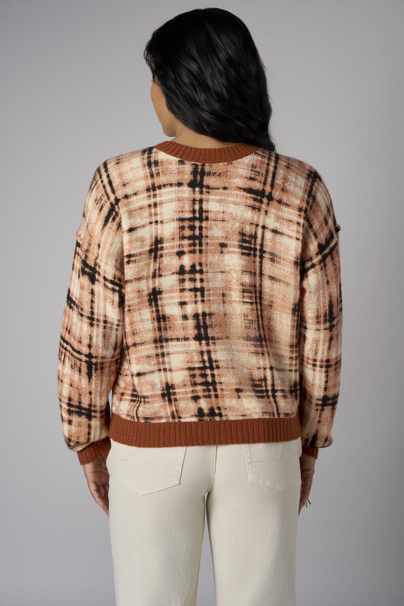 Brown Long Sleeve Abstract Plaid Printed Sweater