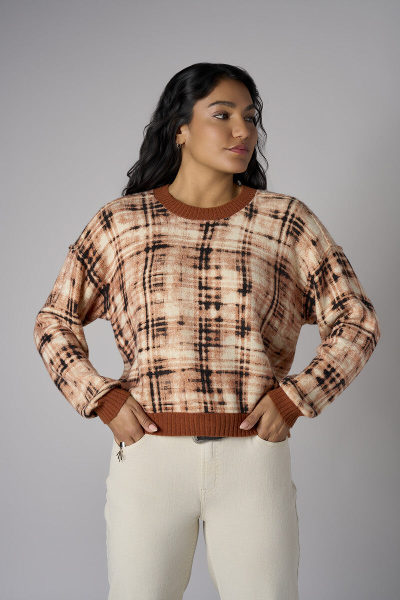 Brown Long Sleeve Abstract Plaid Printed Sweater
