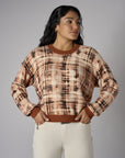 Brown Long Sleeve Abstract Plaid Printed Sweater