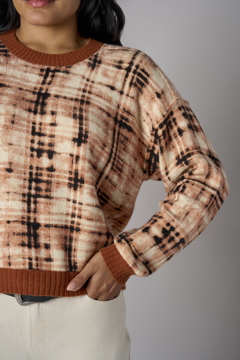 Brown Long Sleeve Abstract Plaid Printed Sweater