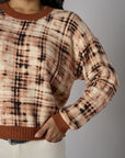 Brown Long Sleeve Abstract Plaid Printed Sweater