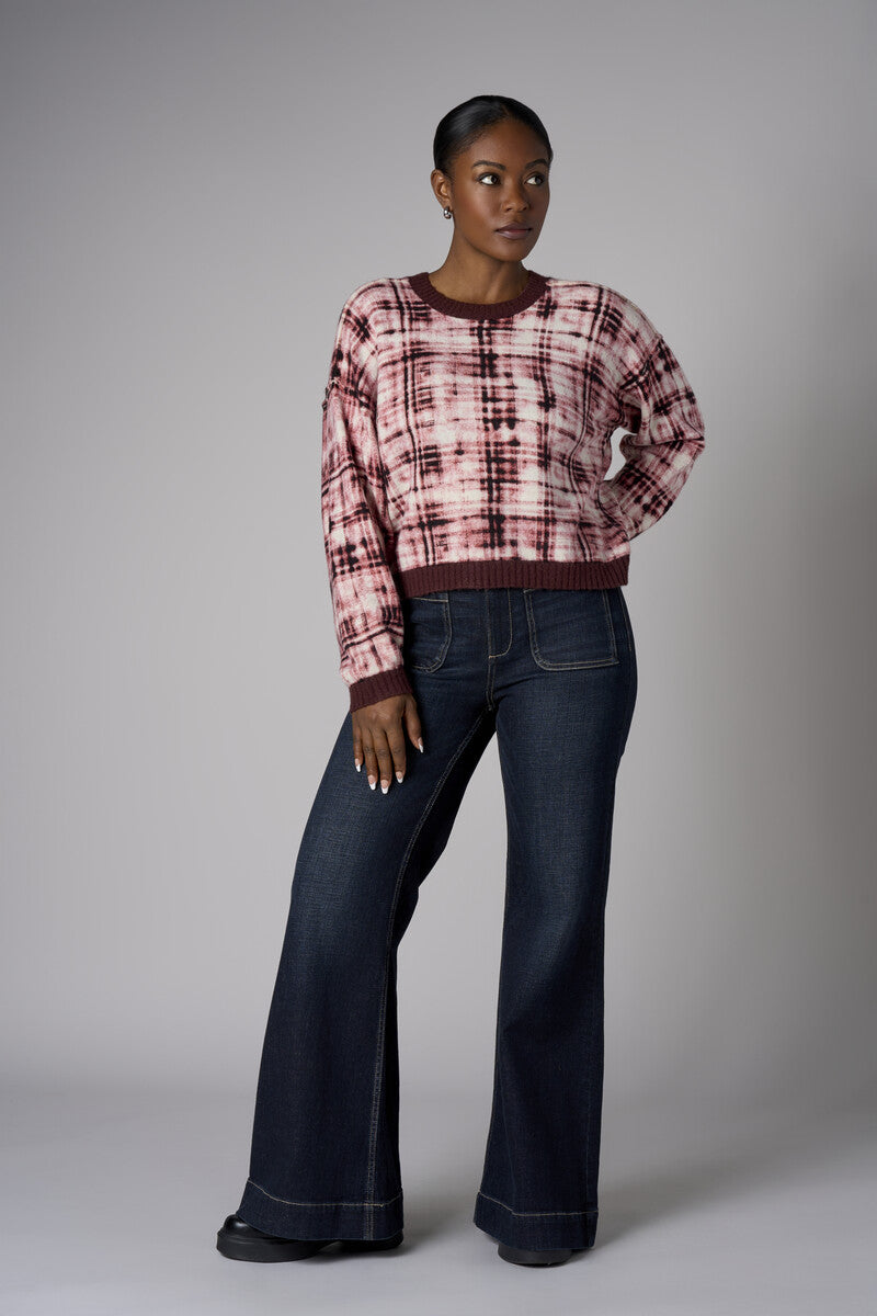 Raisin Long Sleeve Abstract Plaid Printed Sweater