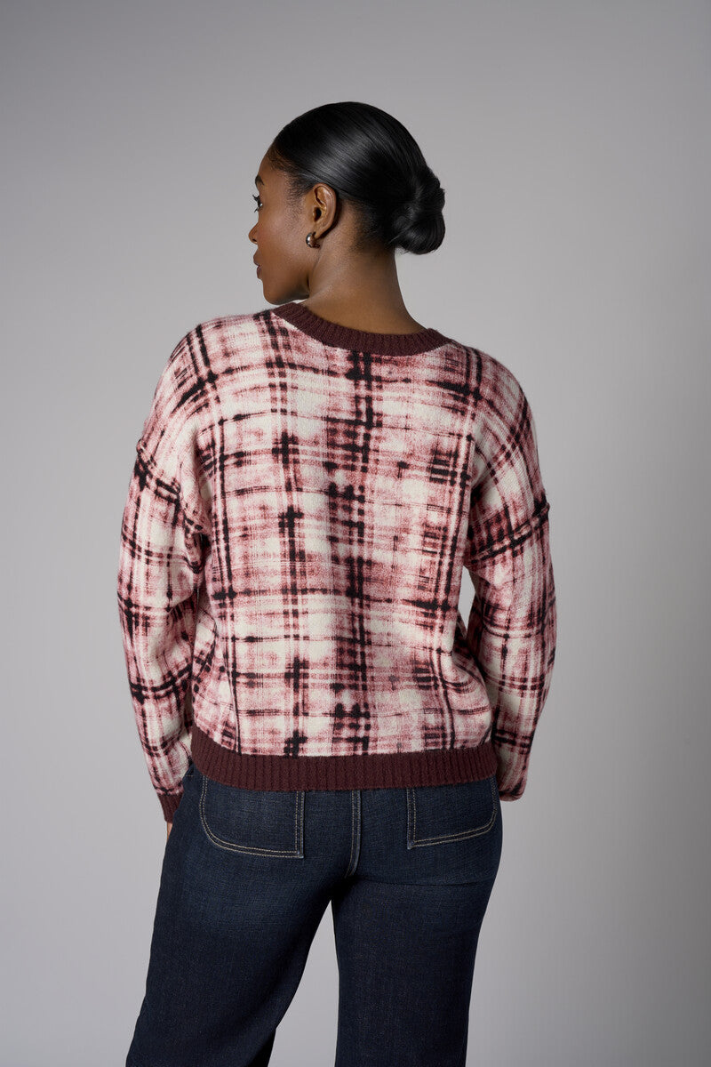Raisin Long Sleeve Abstract Plaid Printed Sweater