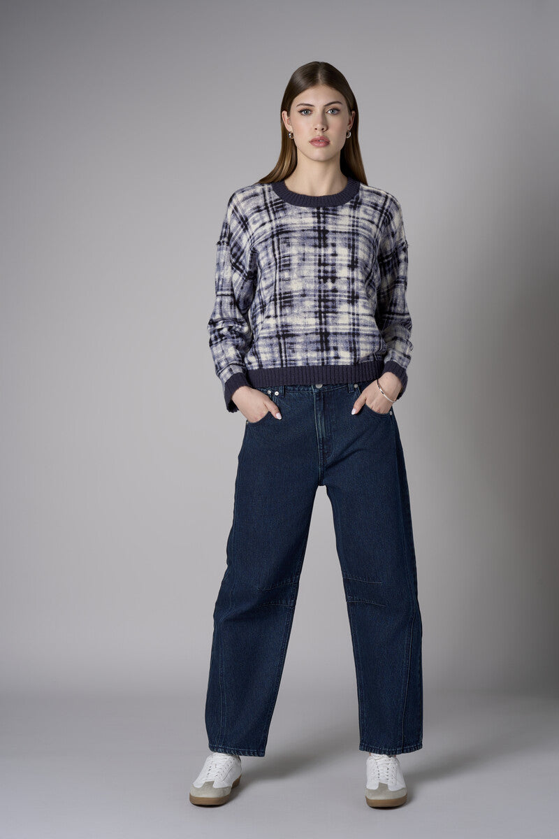 Navy Long Sleeve Abstract Plaid Printed Sweater