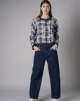 Navy Long Sleeve Abstract Plaid Printed Sweater