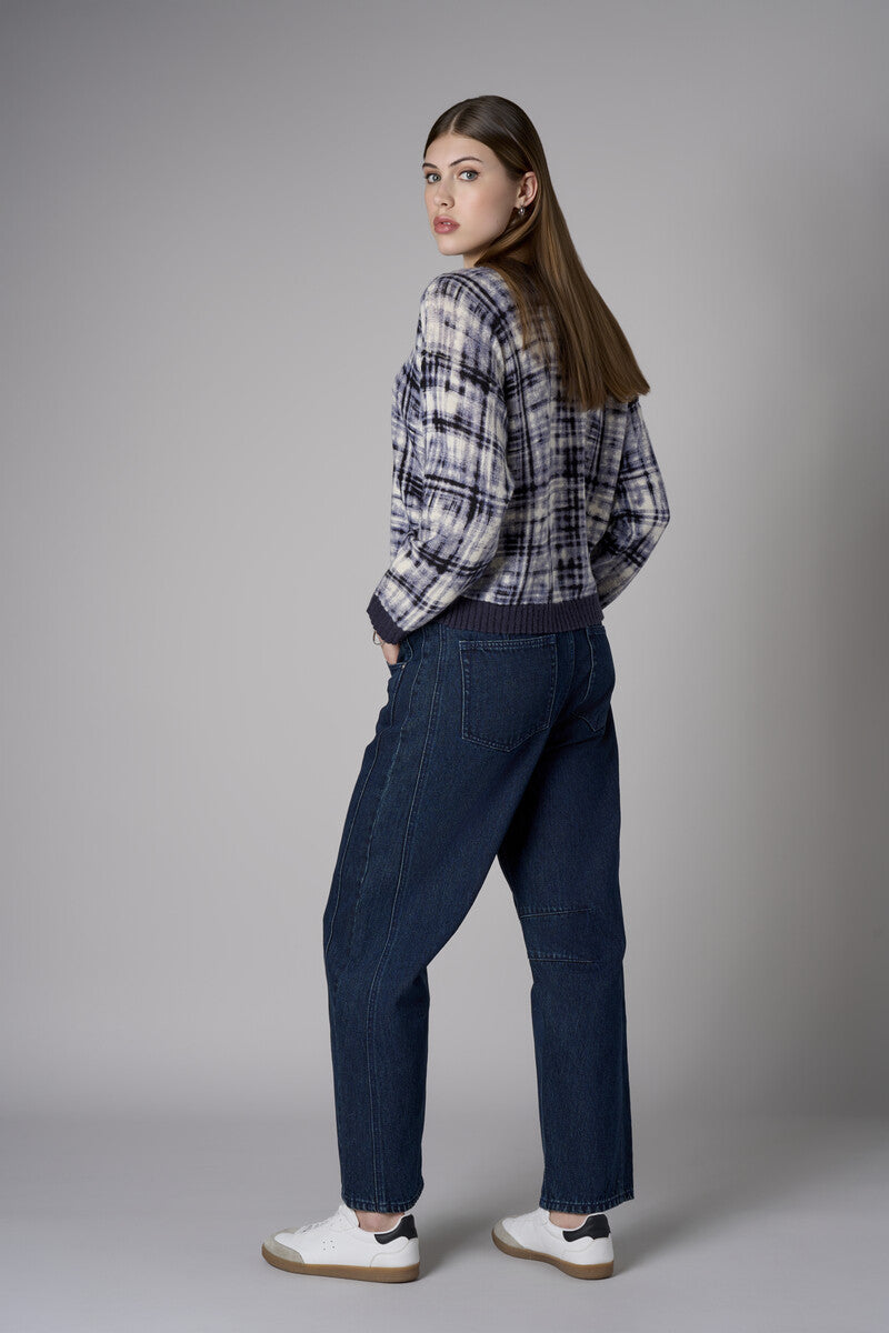 Navy Long Sleeve Abstract Plaid Printed Sweater