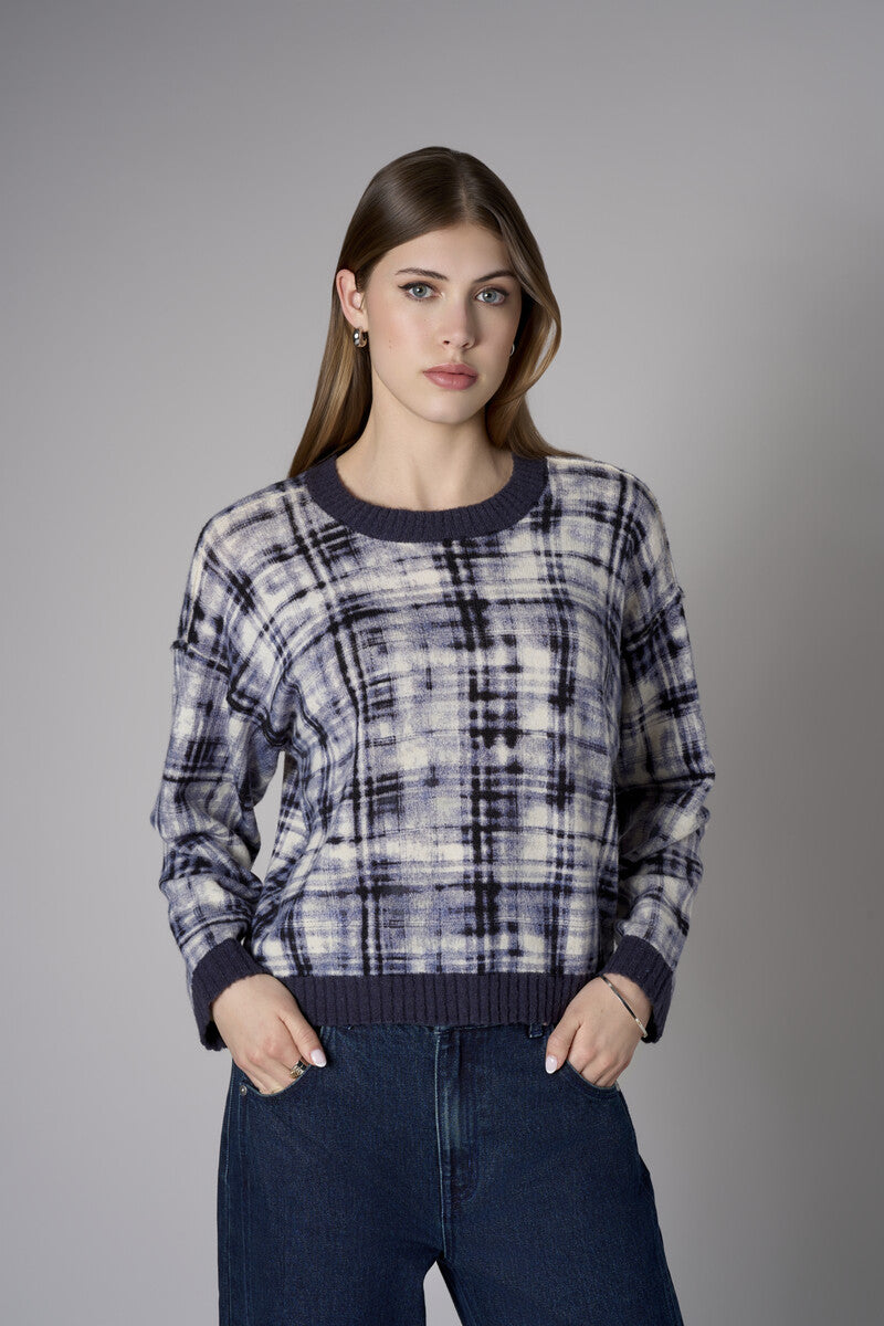Navy Long Sleeve Abstract Plaid Printed Sweater