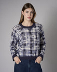 Navy Long Sleeve Abstract Plaid Printed Sweater