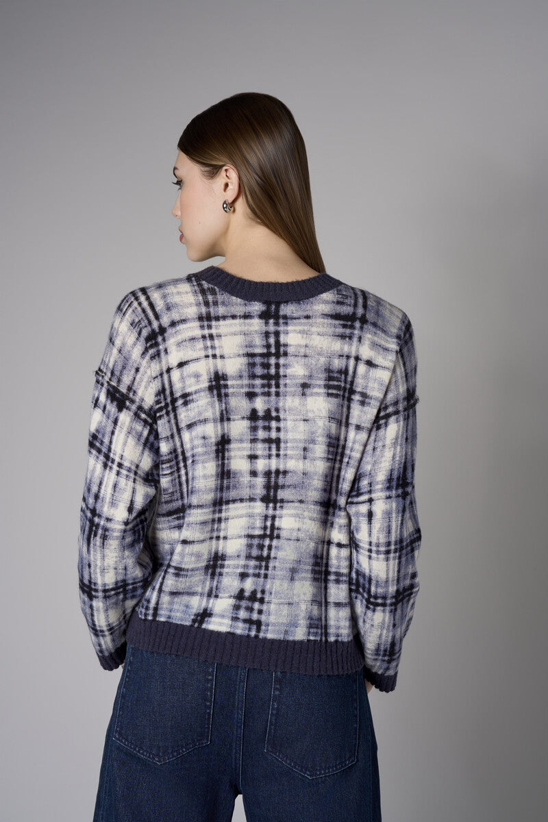 Navy Long Sleeve Abstract Plaid Printed Sweater
